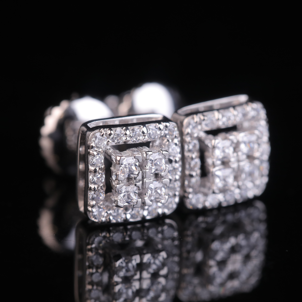 Square Halo Princess Cut Moissanite Stud Earrings | 18KT, 14KT, 10KT Gold & Silver