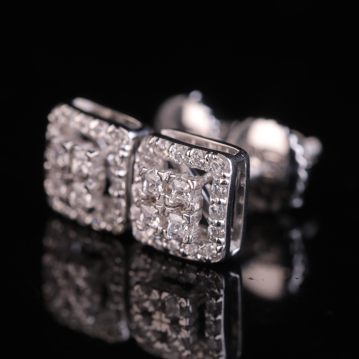 Square Halo Princess Cut Moissanite Stud Earrings | 18KT, 14KT, 10KT Gold & Silver