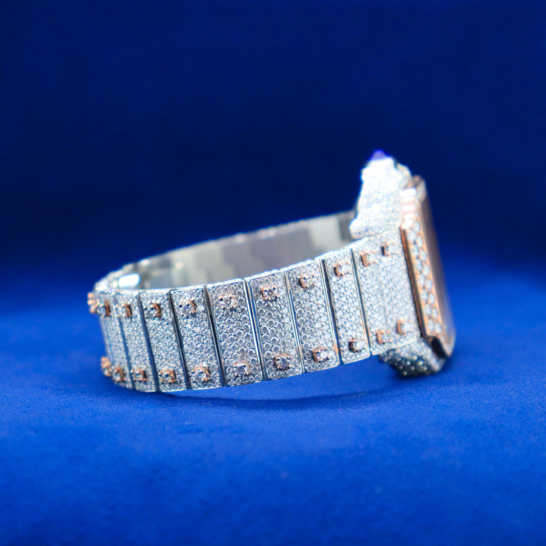 "Front view of 14k/18k Moissanite Cartier inspire Arabic Frost Phantom Royale, luxury men's silver diamond watch, half iced out custom design, buy watch online."

