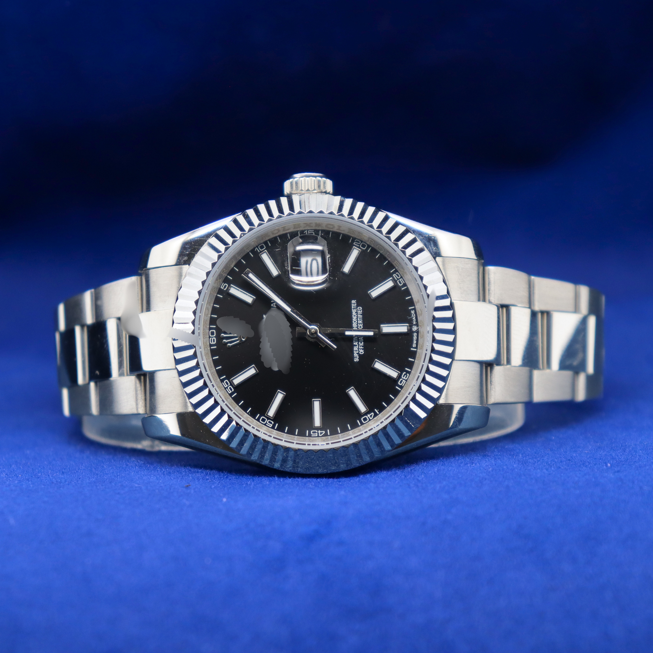 "Front view of 14k/18k silver moissanite luxury wristwatch, half iced out custom watch, men’s diamond watch, buy watch online."

