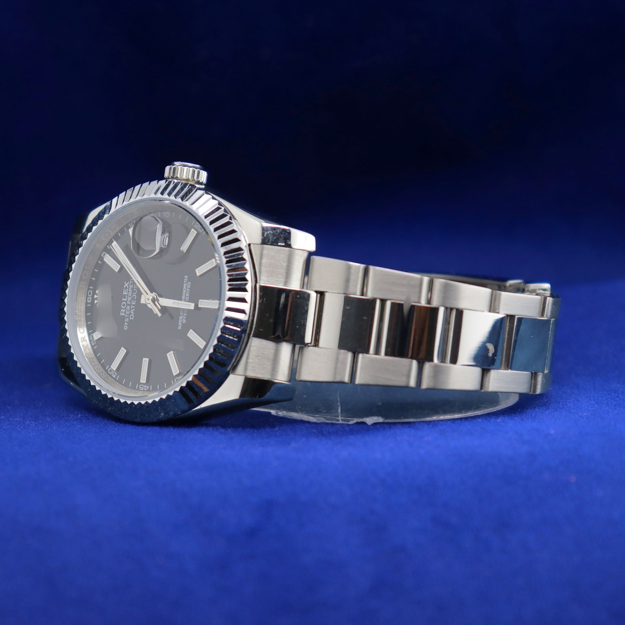 "Left side view of 14k/18k silver moissanite wristwatch, half iced out men’s custom diamond watch, luxury jewelry USA/UK."

