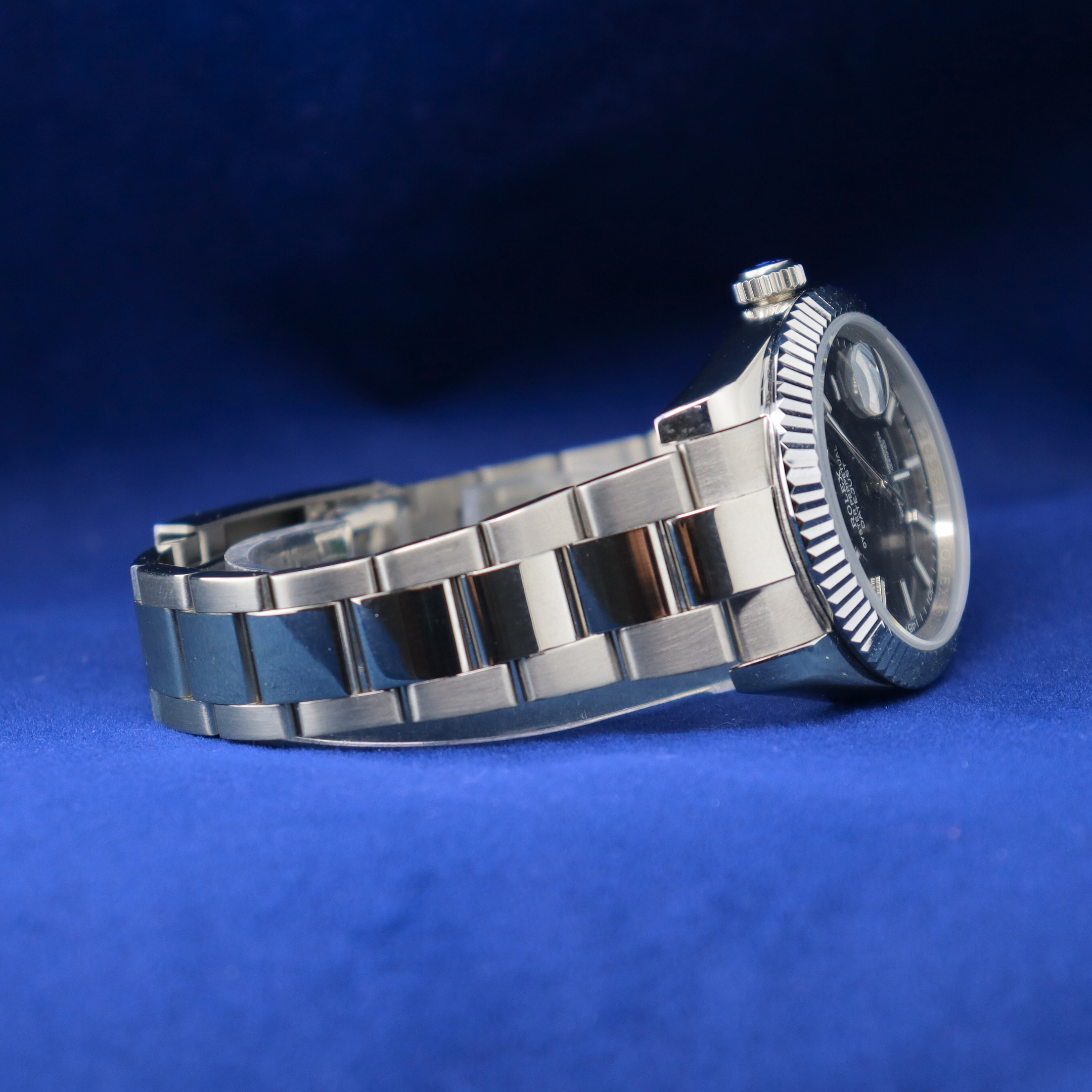 "Right side view of 14k/18k silver luxury wristwatch with moissanite diamonds, half iced out custom men’s watch, hip hop style."

