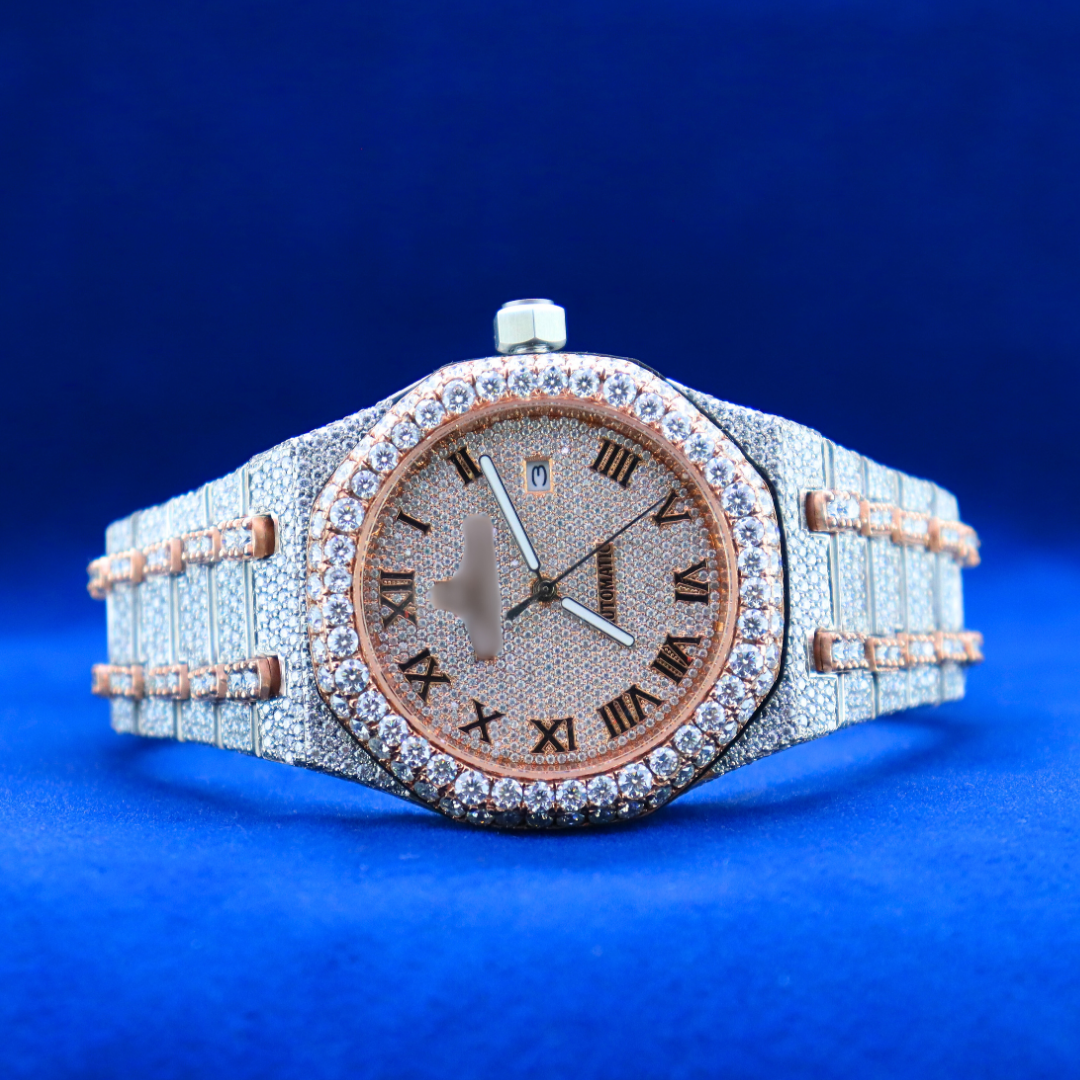 Front view of 14k Moissanite Roman Frost Phantom Royale half iced out custom watch in silver with diamond moissanite