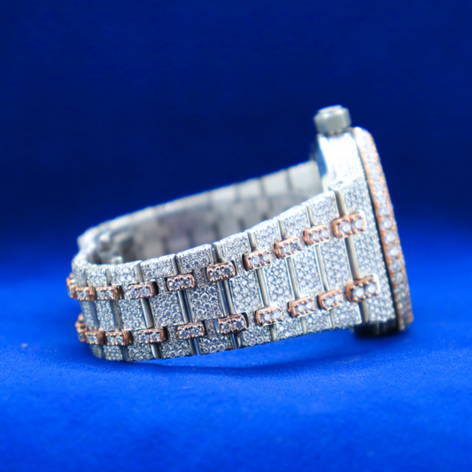 Right side view of 14k Moissanite Roman Frost Phantom Royale half iced out custom silver and diamond moissanite watch