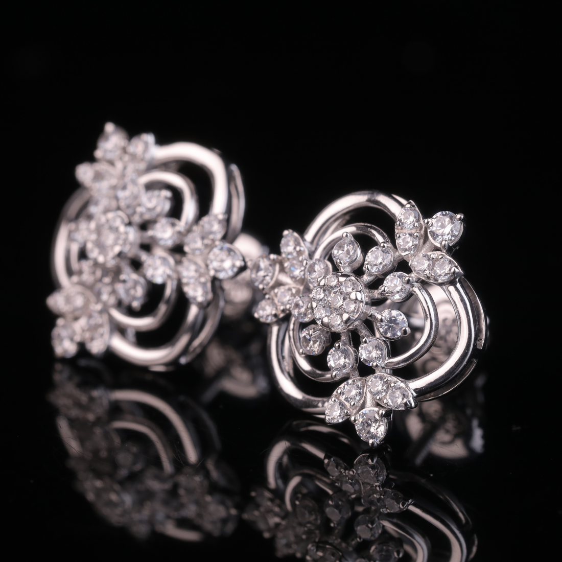 Floral Diamond Stud Earrings in White Gold & Silver | 18K, 14K, 10K Gold Luxury Earrings for Women