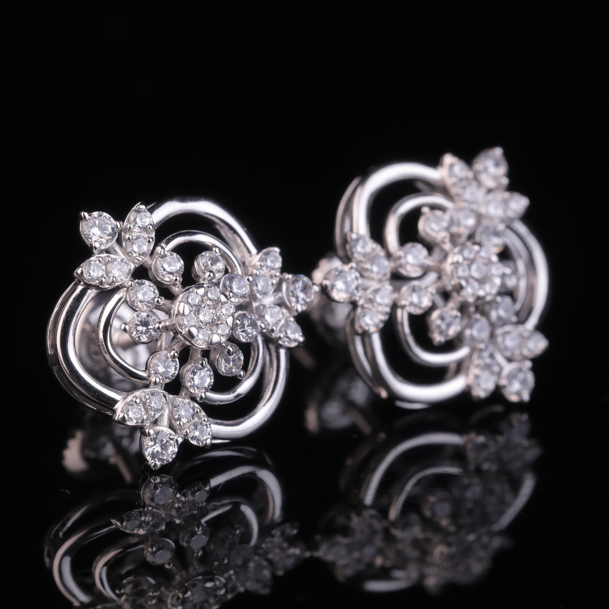 Floral Diamond Stud Earrings in White Gold & Silver | 18K, 14K, 10K Gold Luxury Earrings for Women