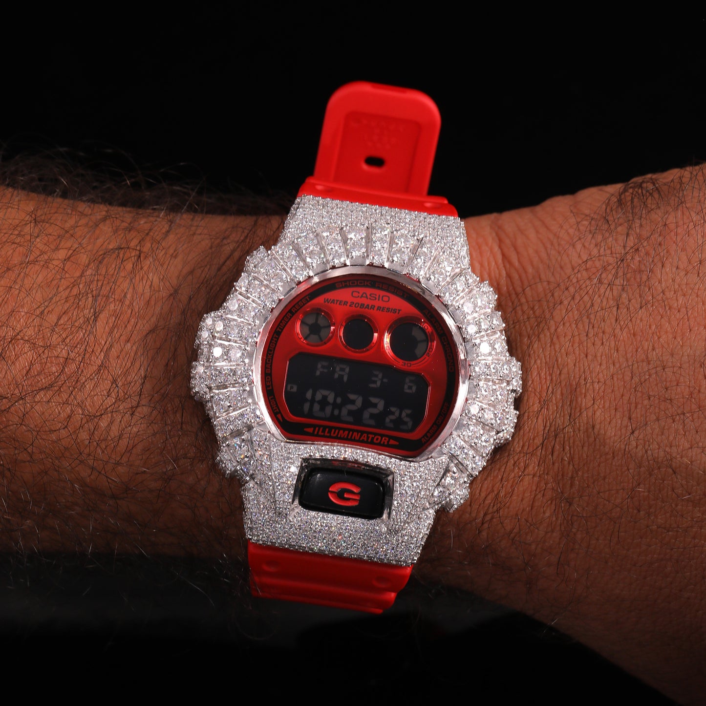 Red Face Bustdown G-Shock Watch with VVS Moissanite Bezel