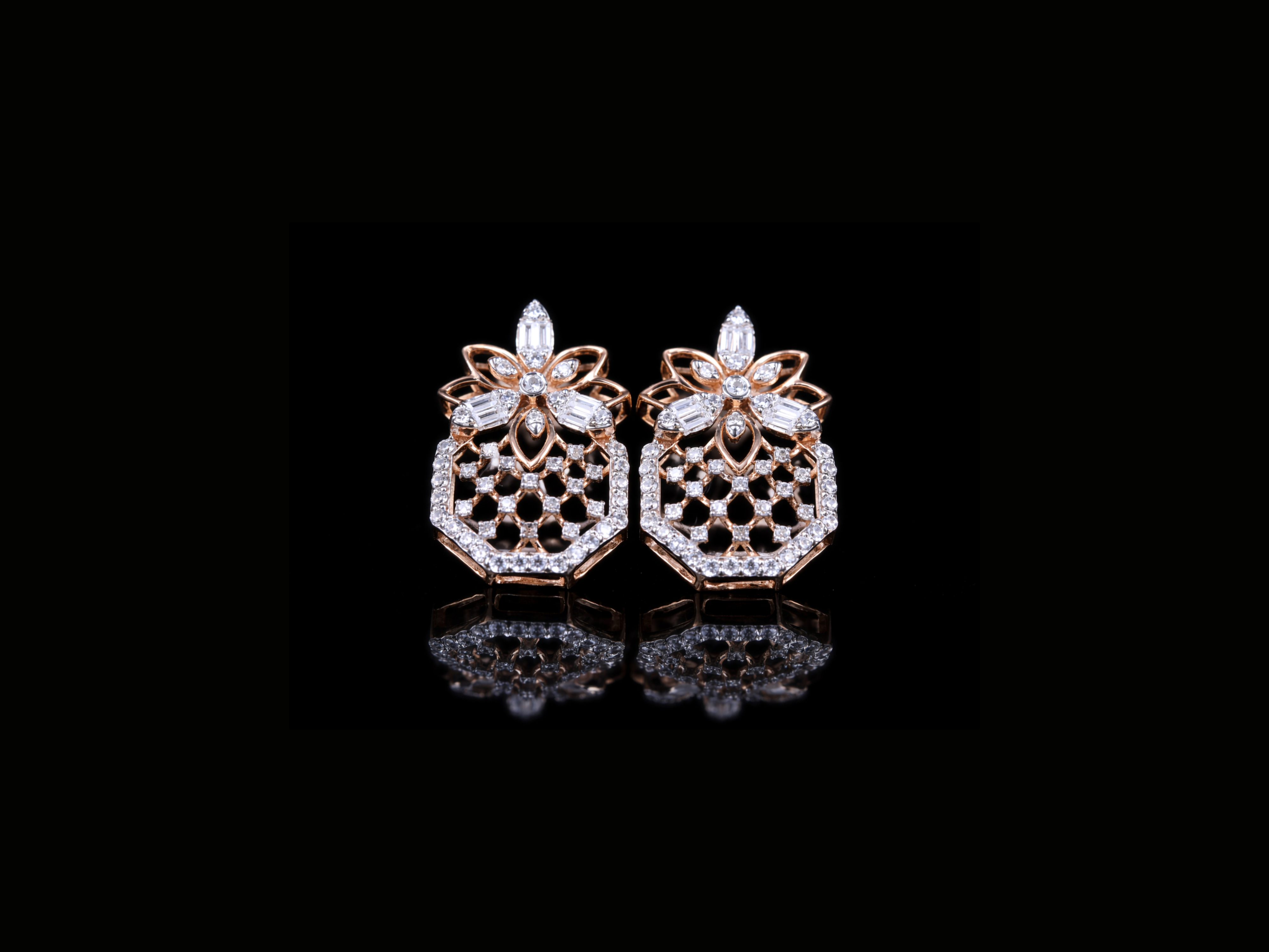 Luxury Diamond Geometric Floral Stud Earrings | 18K, 14K, 10K Gold & Silver