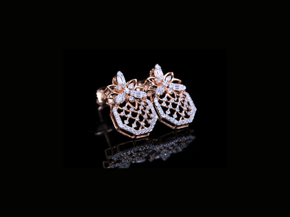 Luxury Diamond Geometric Floral Stud Earrings | 18K, 14K, 10K Gold & Silver