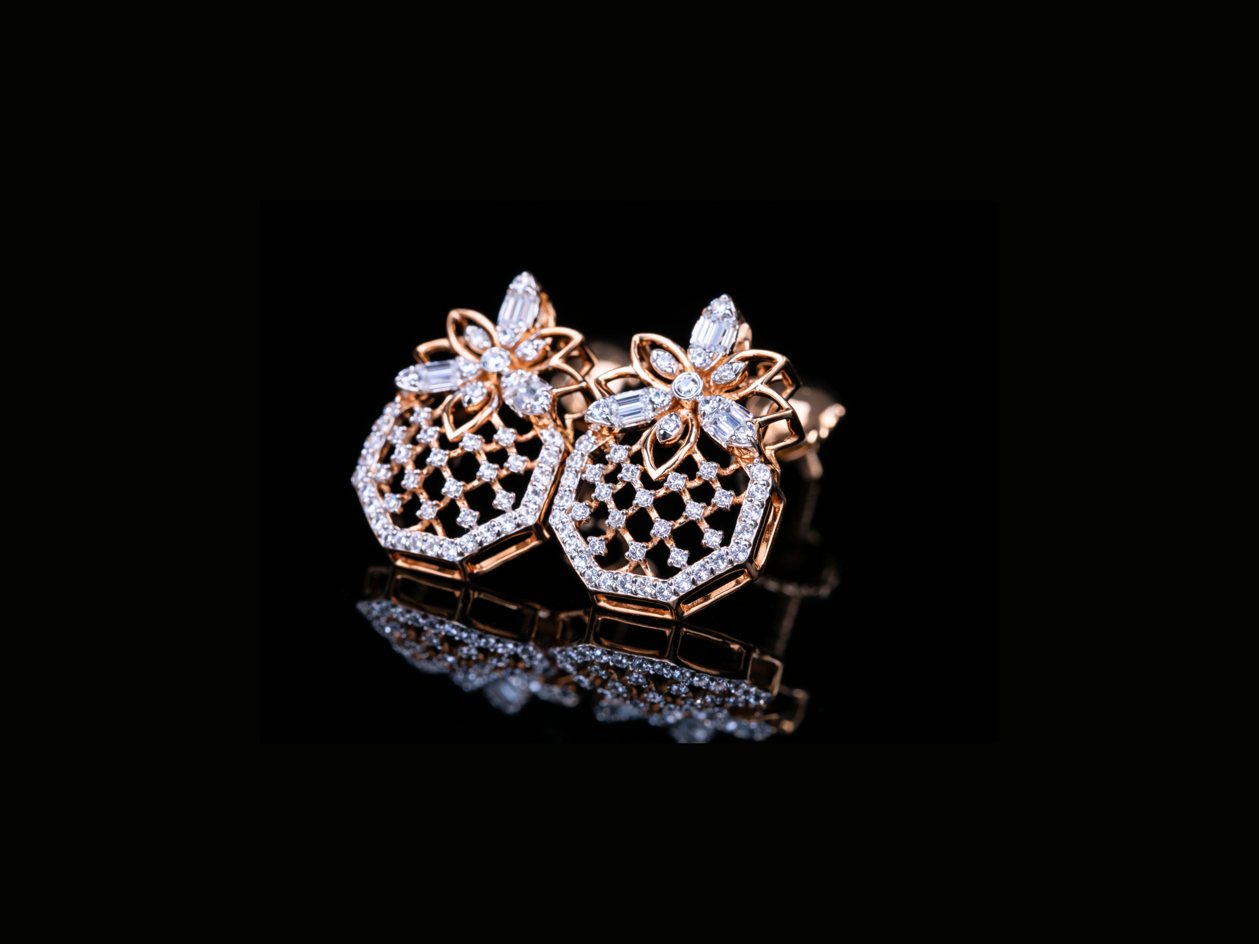 Luxury Diamond Geometric Floral Stud Earrings | 18K, 14K, 10K Gold & Silver