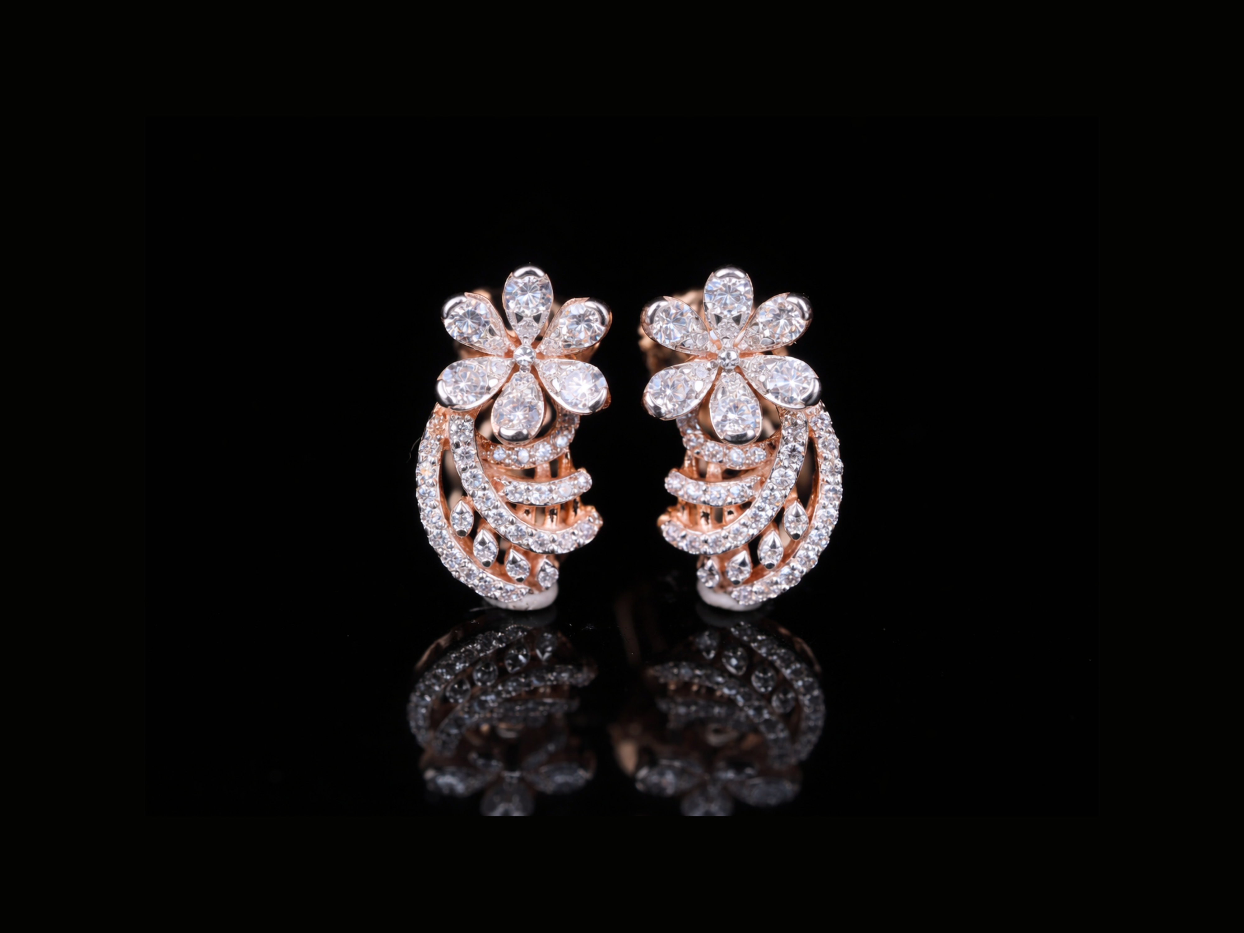 Luxury Diamond Floral Swirl Earrings | 18K, 14K, 10K Gold & Silver