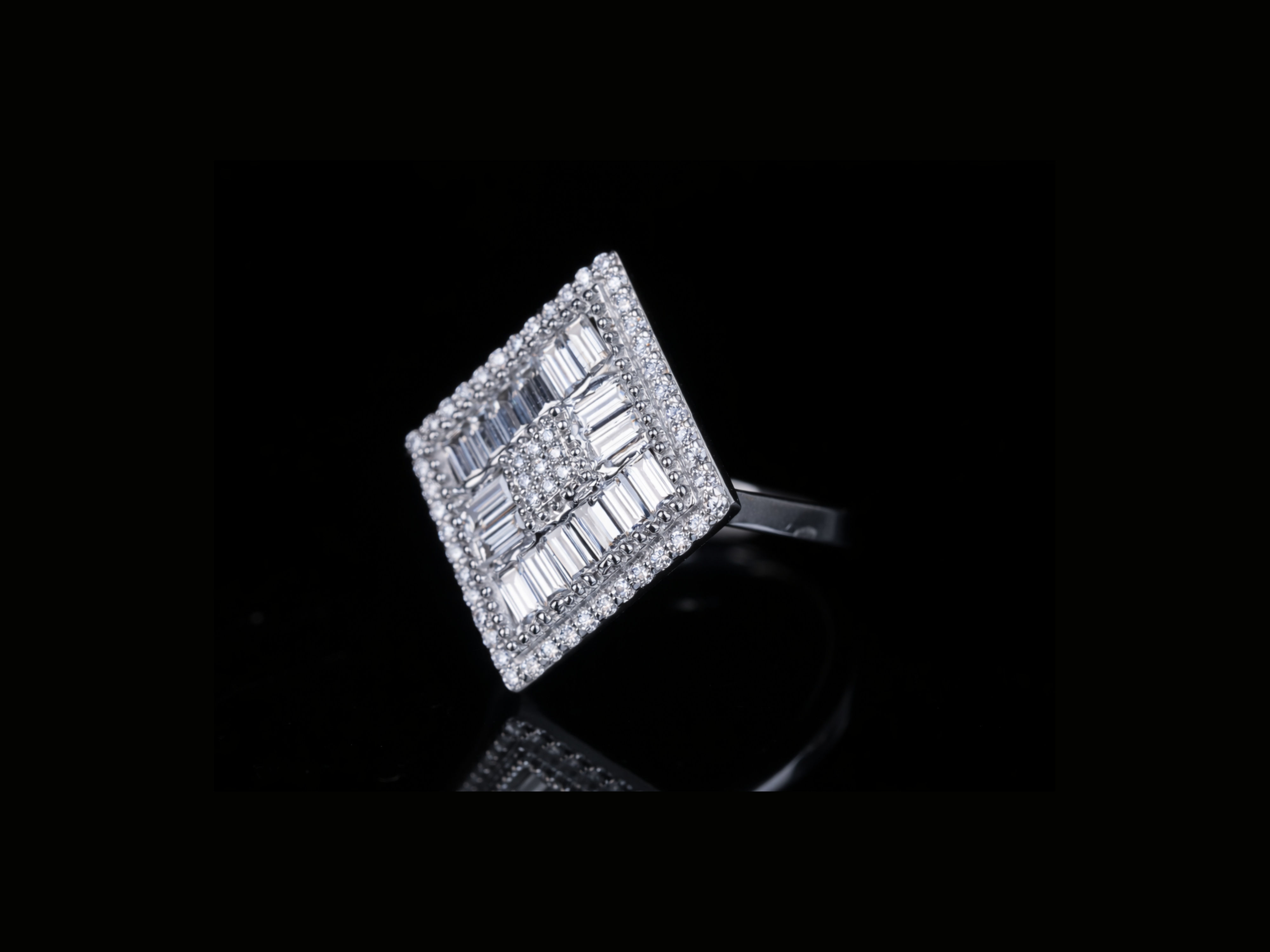 Luxury Baguette Diamond Square Ring | Iced-Out Gold & Silver Statement Ring (18KT, 14KT, 10KT Available)