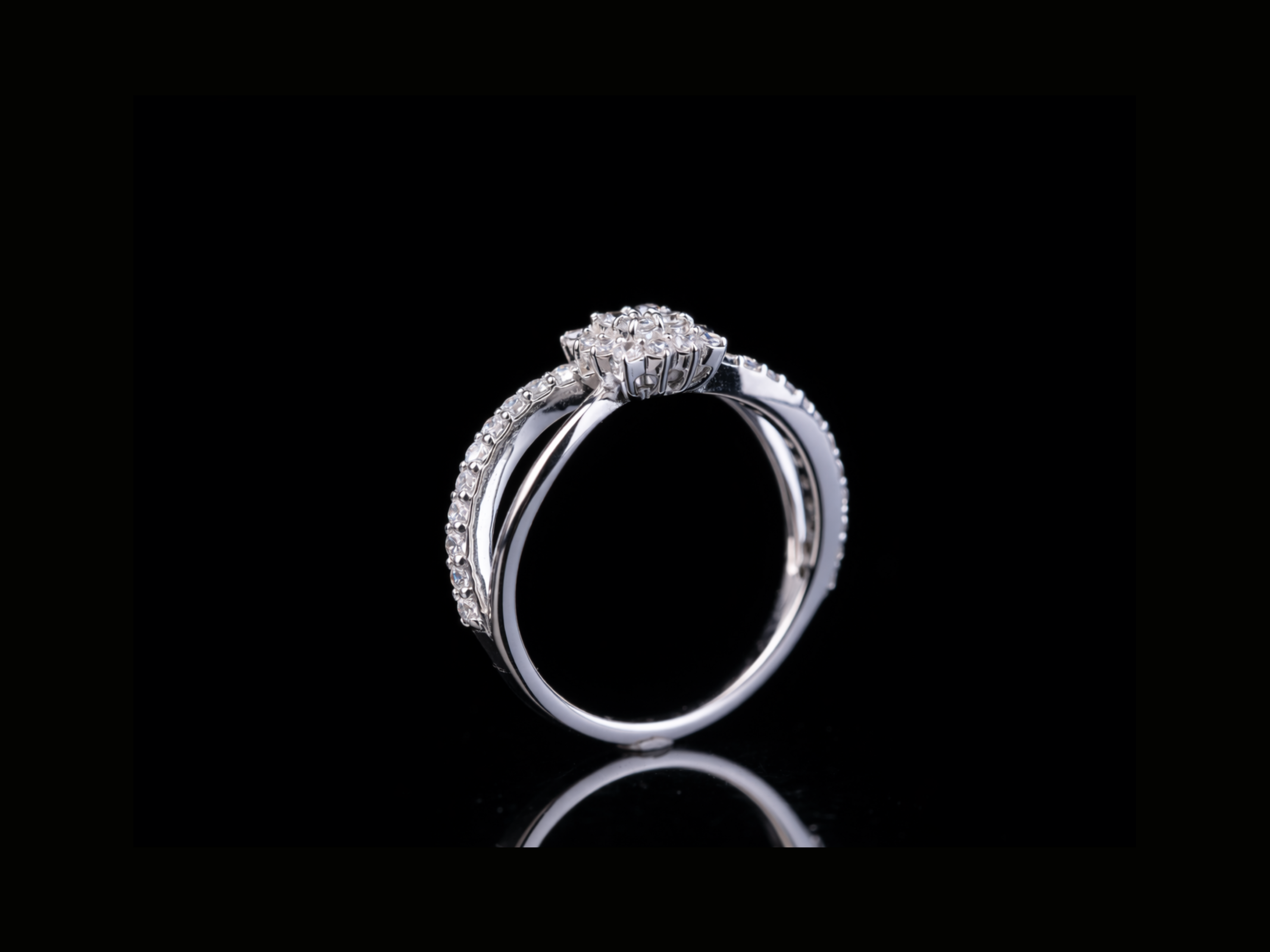 Diamond Flower Halo Engagement Ring | Pavé Split Shank Ring in 18KT, 14KT, 10KT Gold & Silver