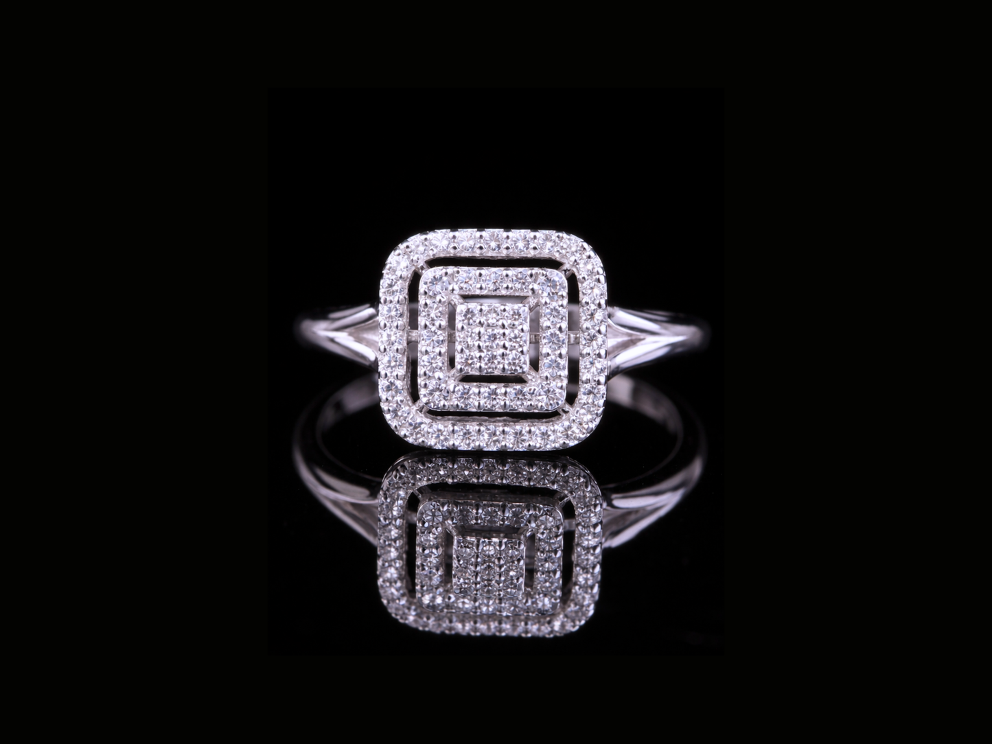 Square Halo Diamond Engagement Ring | Layered Pavé Cluster Ring in 18KT, 14KT, 10KT Gold & Silver