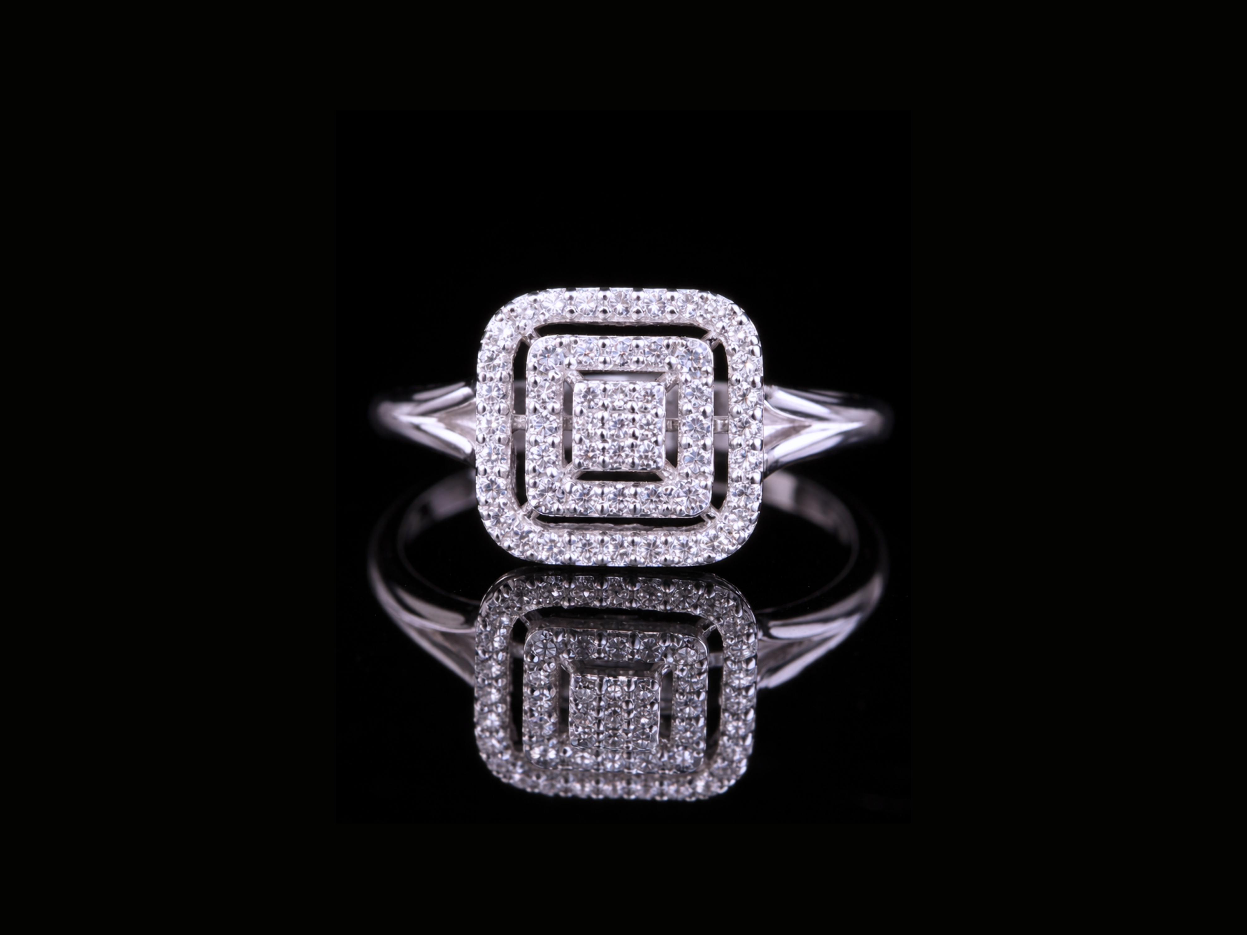 Square Halo Diamond Engagement Ring | Layered Pavé Cluster Ring in 18KT, 14KT, 10KT Gold & Silver
