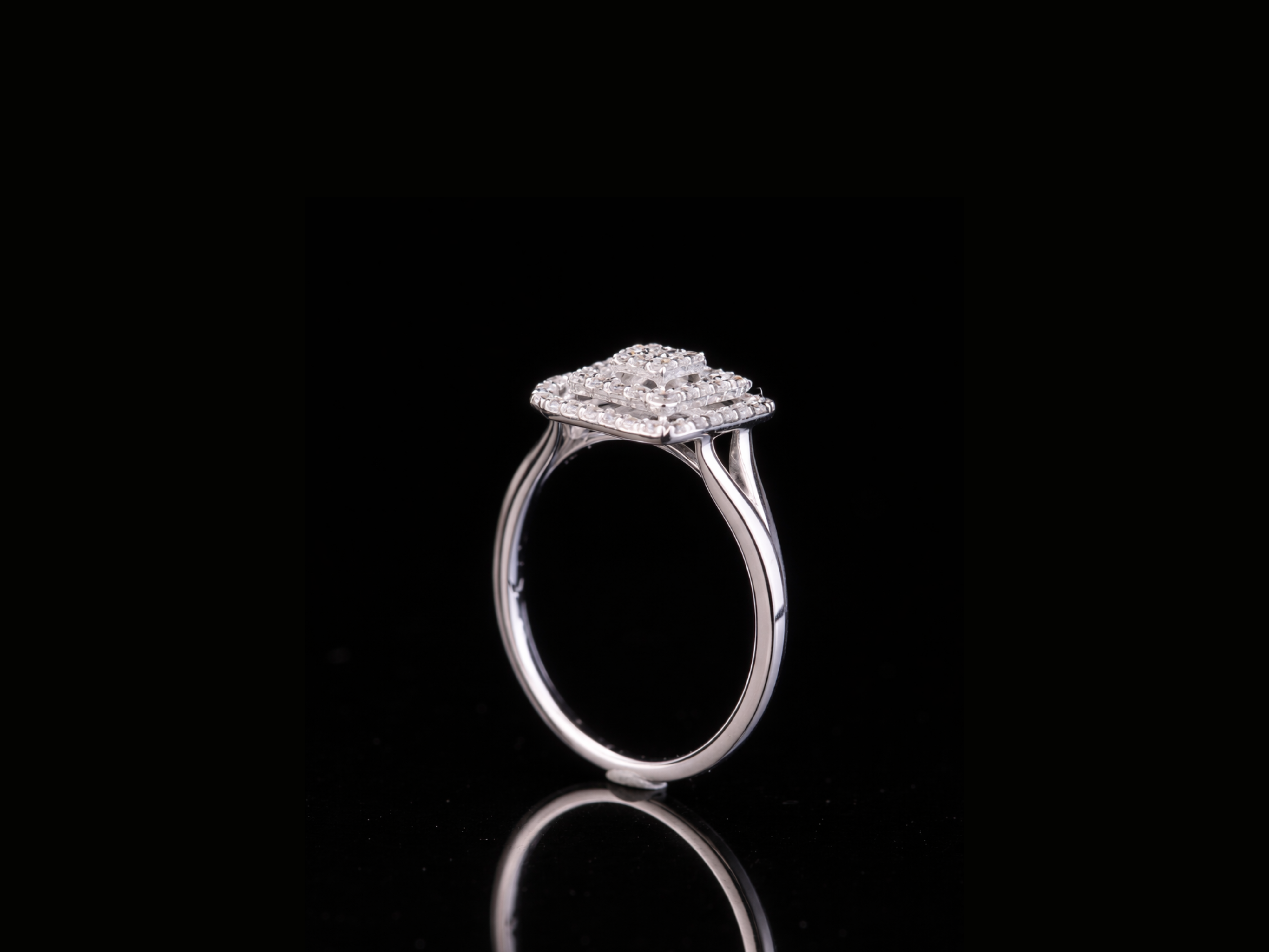 Square Halo Diamond Engagement Ring | Layered Pavé Cluster Ring in 18KT, 14KT, 10KT Gold & Silver