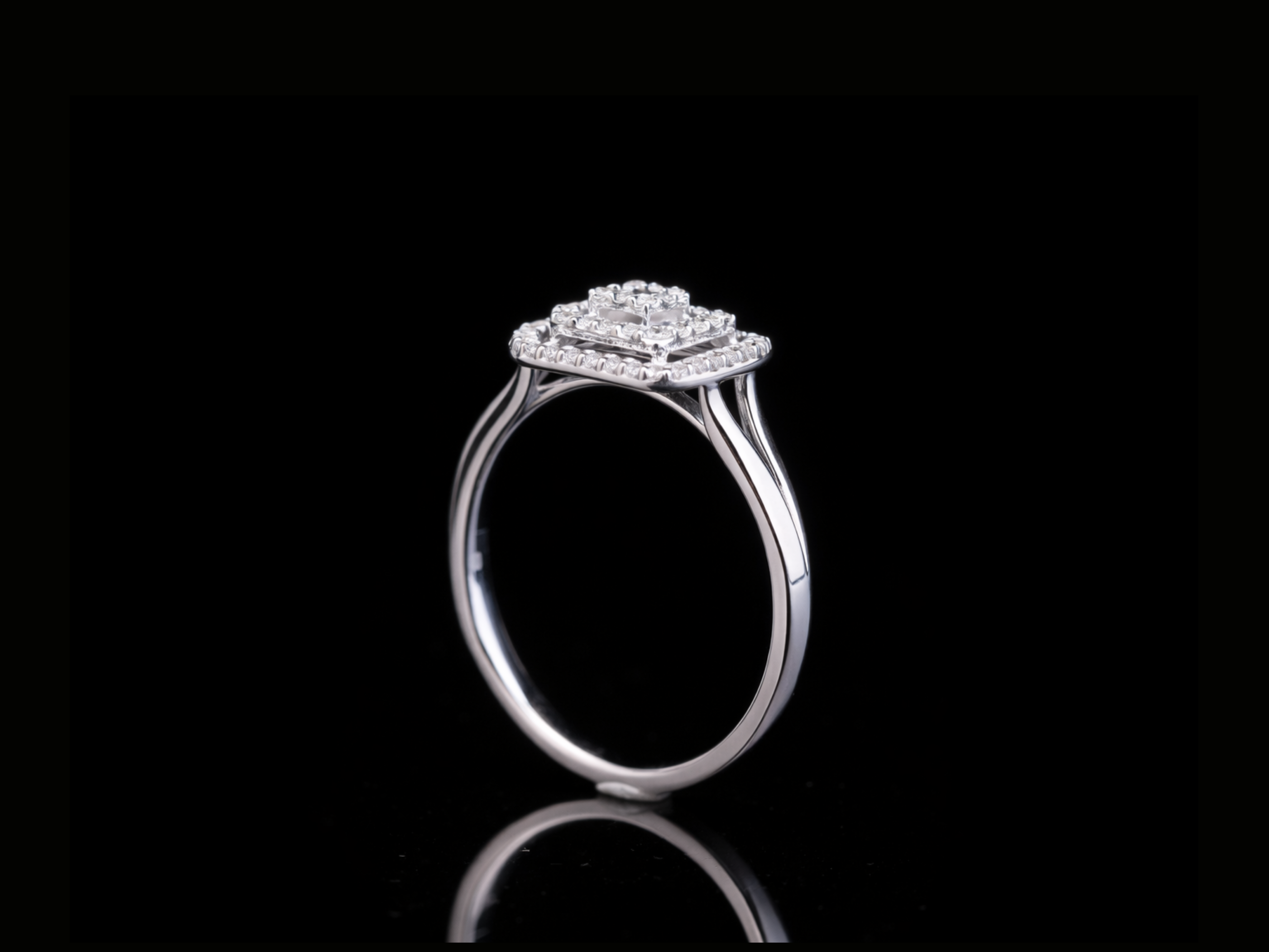 Square Halo Diamond Engagement Ring | Layered Pavé Cluster Ring in 18KT, 14KT, 10KT Gold & Silver