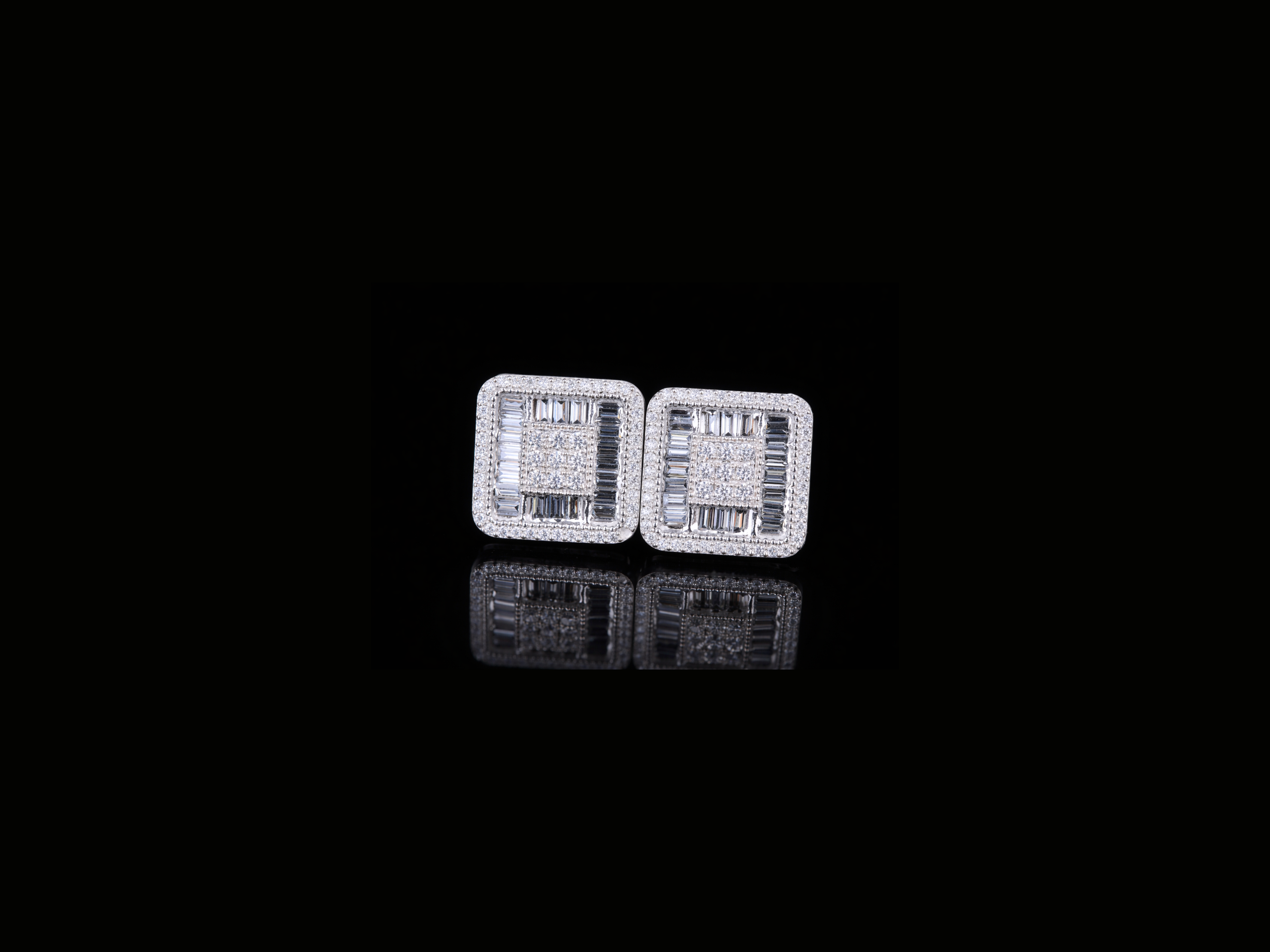 Luxury Square Baguette Diamond Stud Earrings | 18K, 14K, 10K Gold & Silver