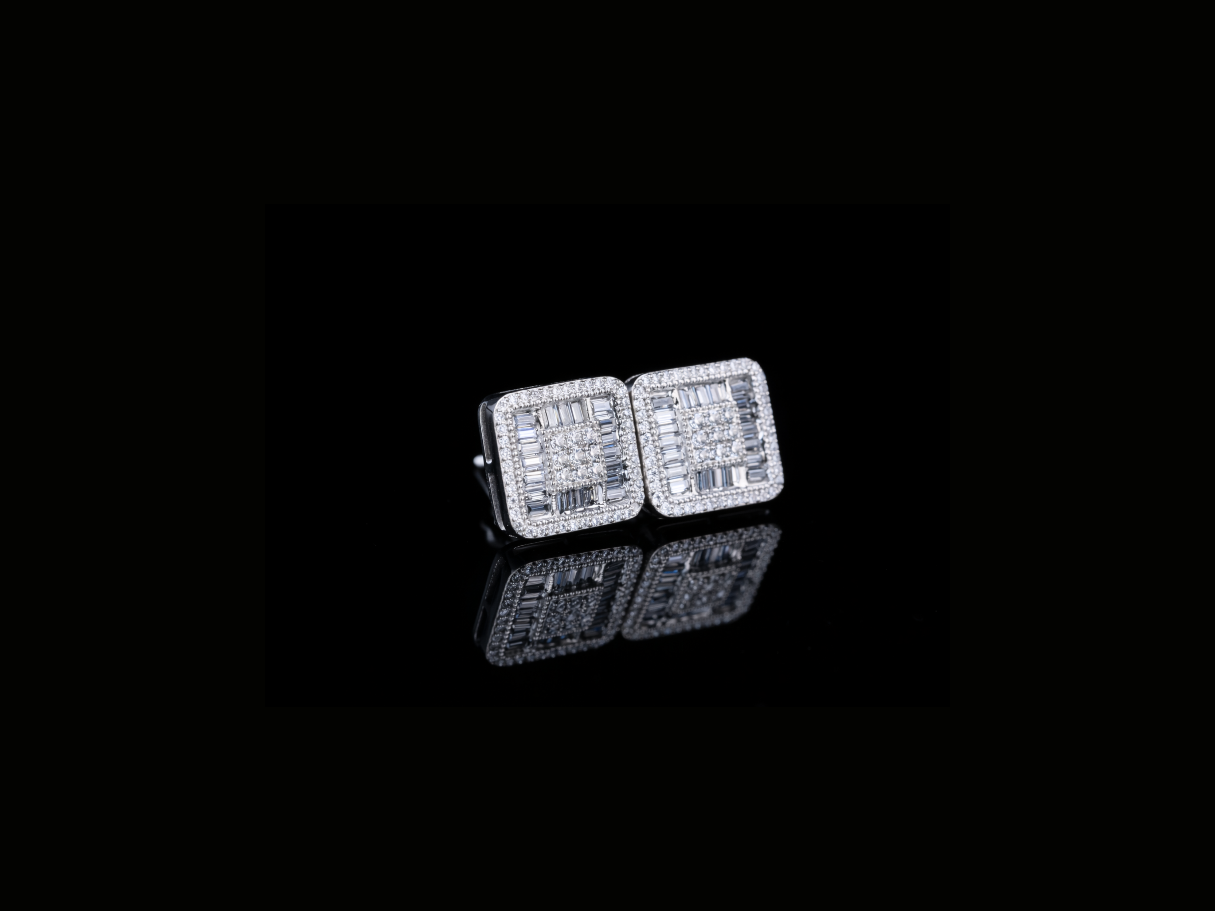 Luxury Square Baguette Diamond Stud Earrings | 18K, 14K, 10K Gold & Silver