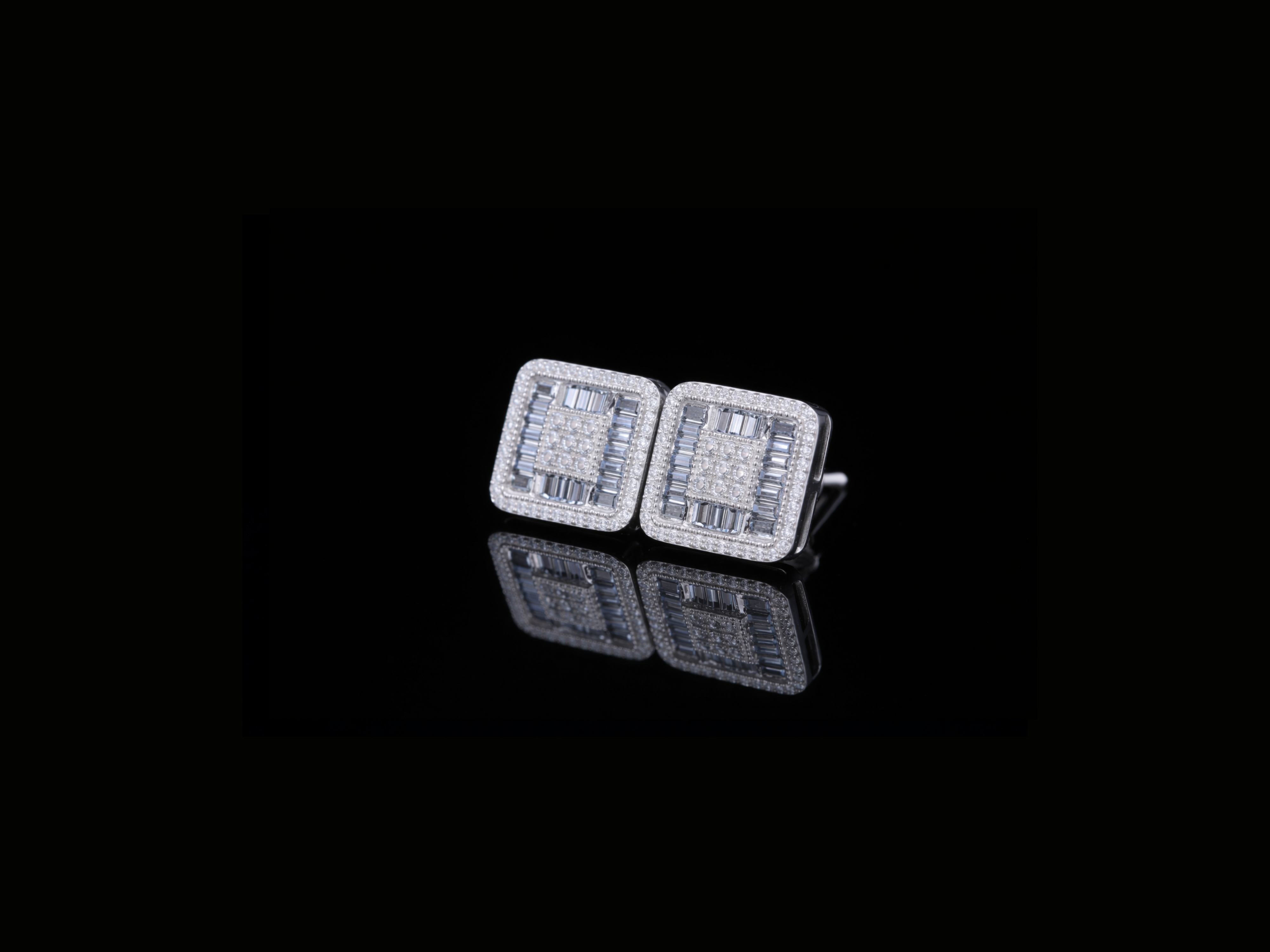 Luxury Square Baguette Diamond Stud Earrings | 18K, 14K, 10K Gold & Silver