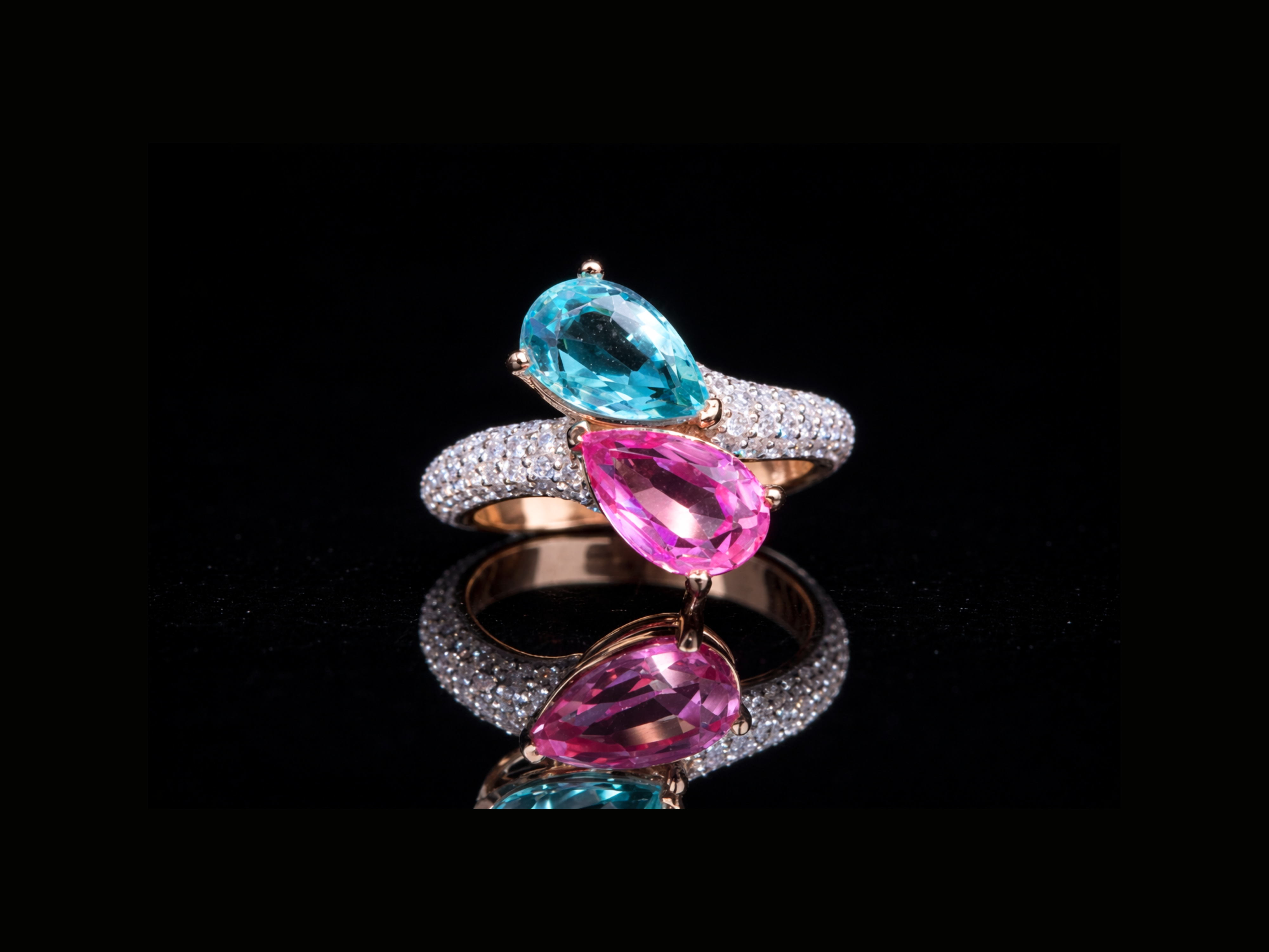 Pear Cut Dual Gemstone Diamond Ring | Available in 18KT, 14KT, 10KT Gold & Silver