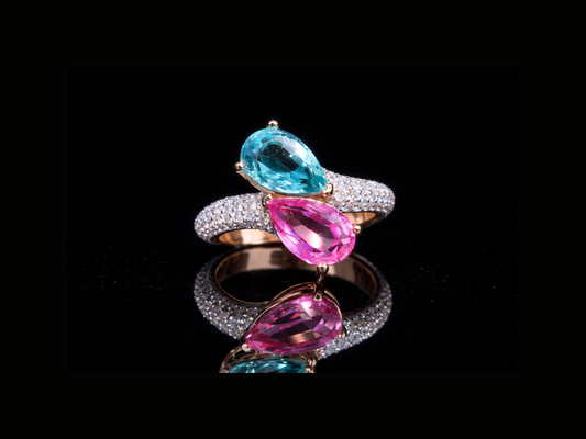 Pear Cut Dual Gemstone Diamond Ring | Available in 18KT, 14KT, 10KT Gold & Silver