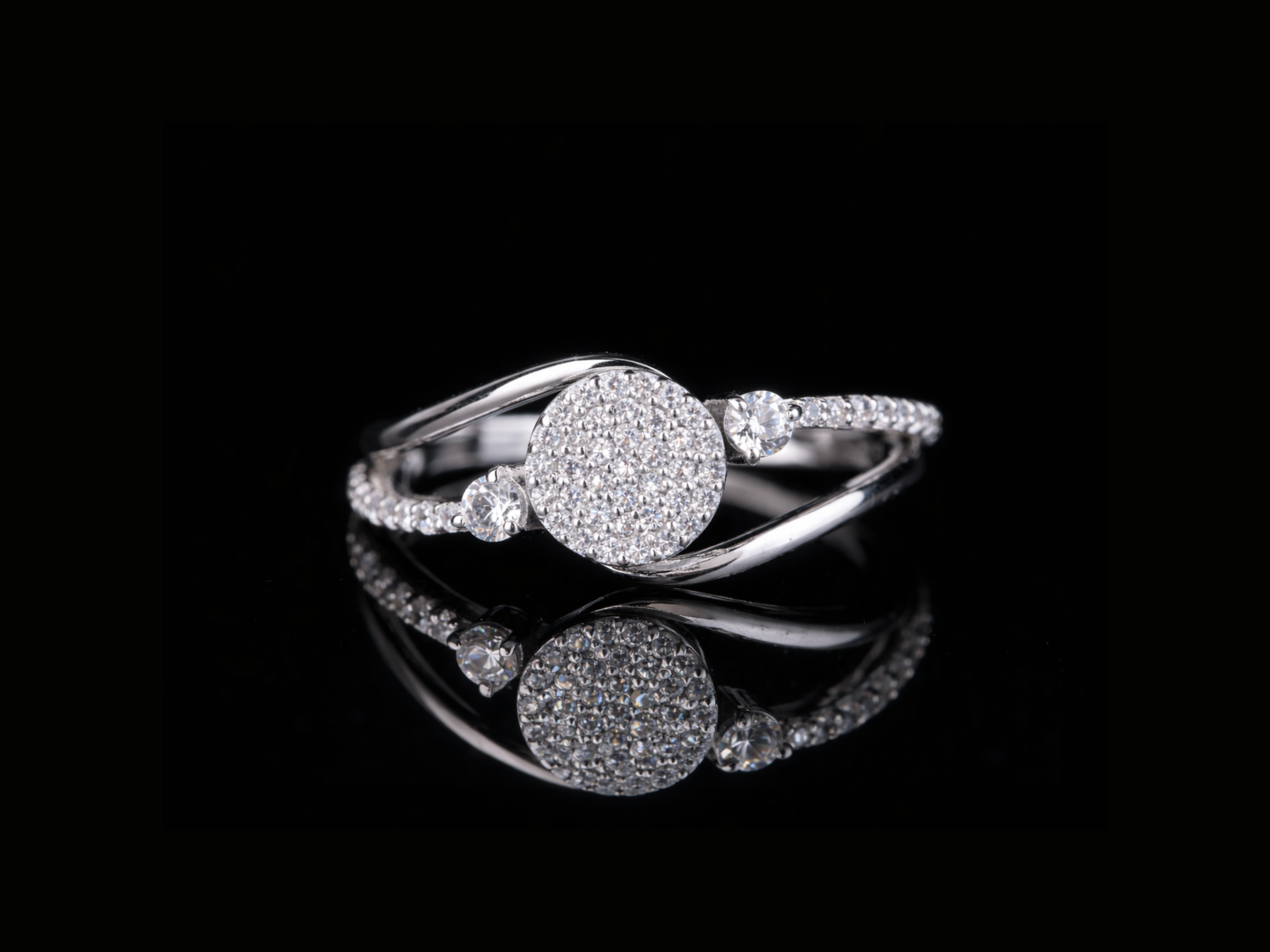 Round Pavé Diamond Ring with Side Stones | 18KT, 14KT, 10KT Gold & Silver