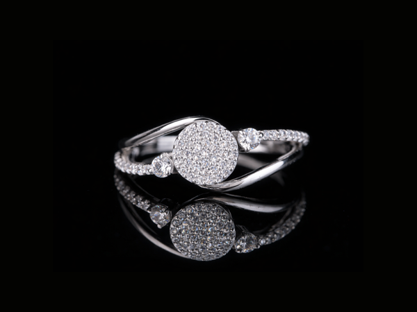 Round Pavé Diamond Ring with Side Stones | 18KT, 14KT, 10KT Gold & Silver