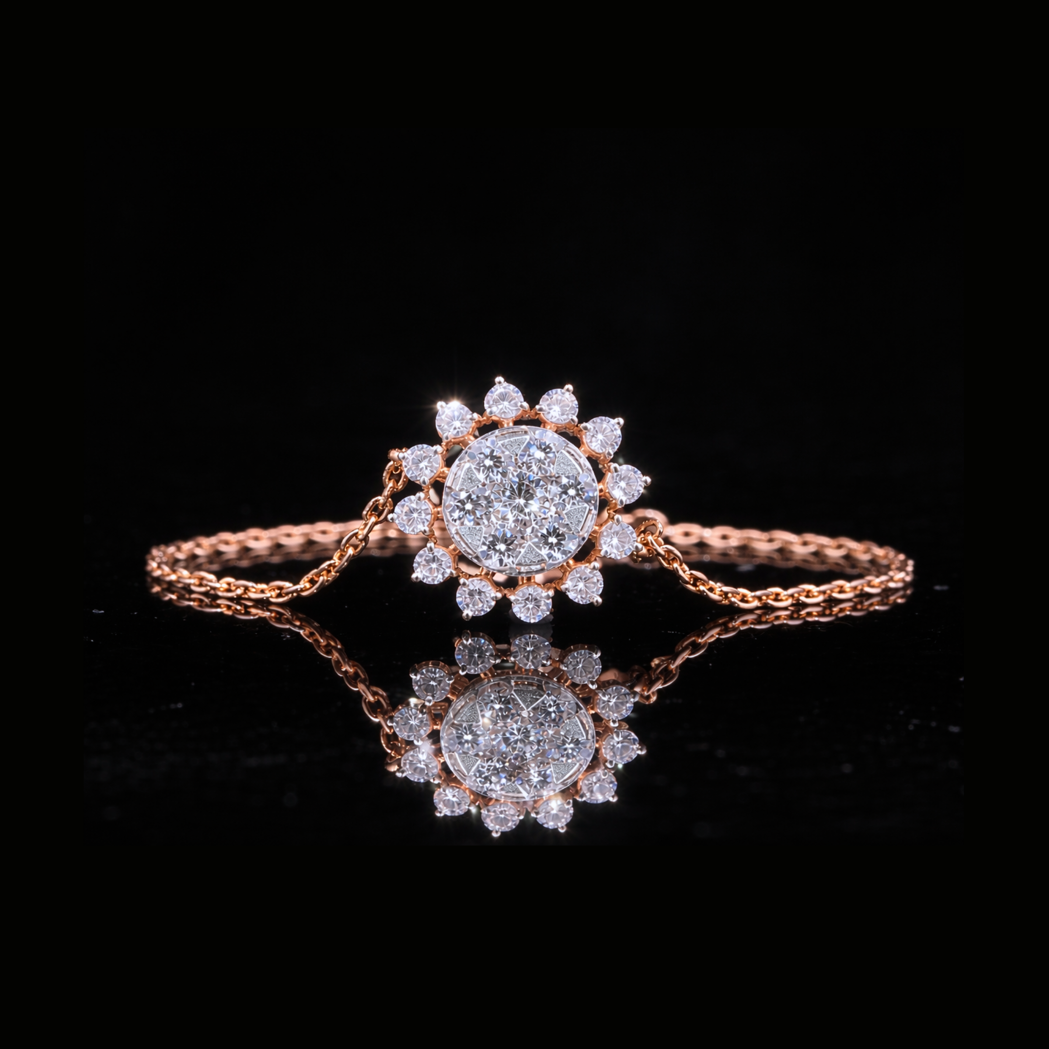 14K Rose Gold Diamond Bracelet – Halo Cluster Gold Bracelet for Women
