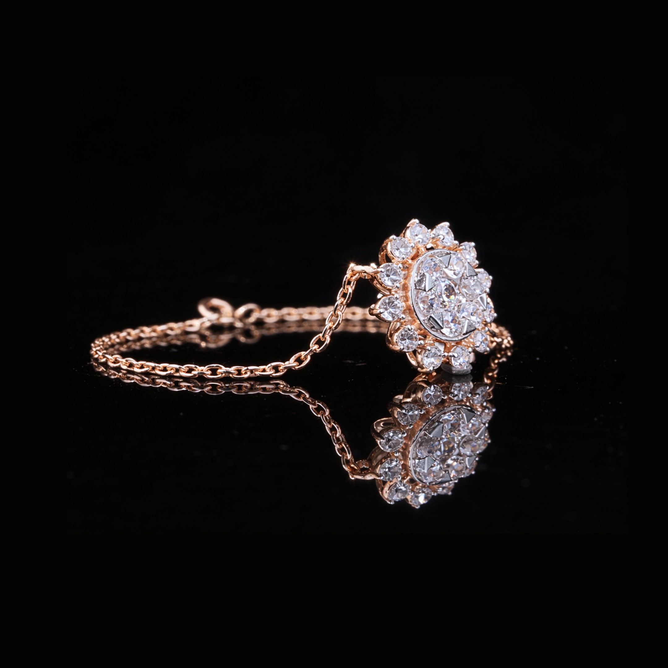 14K Rose Gold Diamond Bracelet – Halo Cluster Gold Bracelet for Women