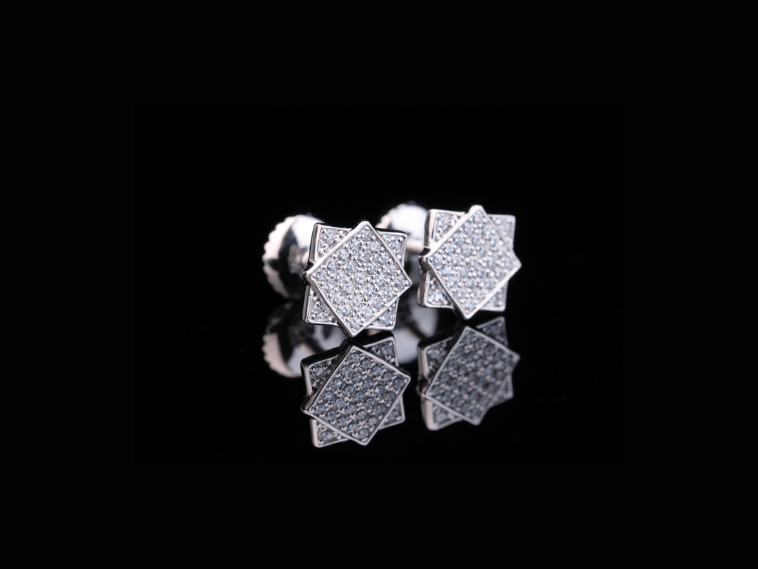Geometric Square Pavé Diamond Stud Earrings | 18K, 14K, 10K Gold & Silver