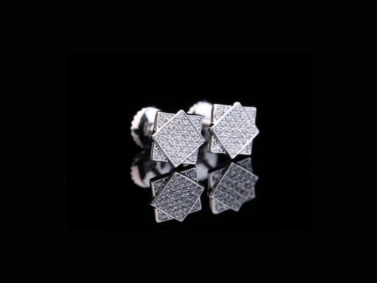 Geometric Square Pavé Diamond Stud Earrings | 18K, 14K, 10K Gold & Silver