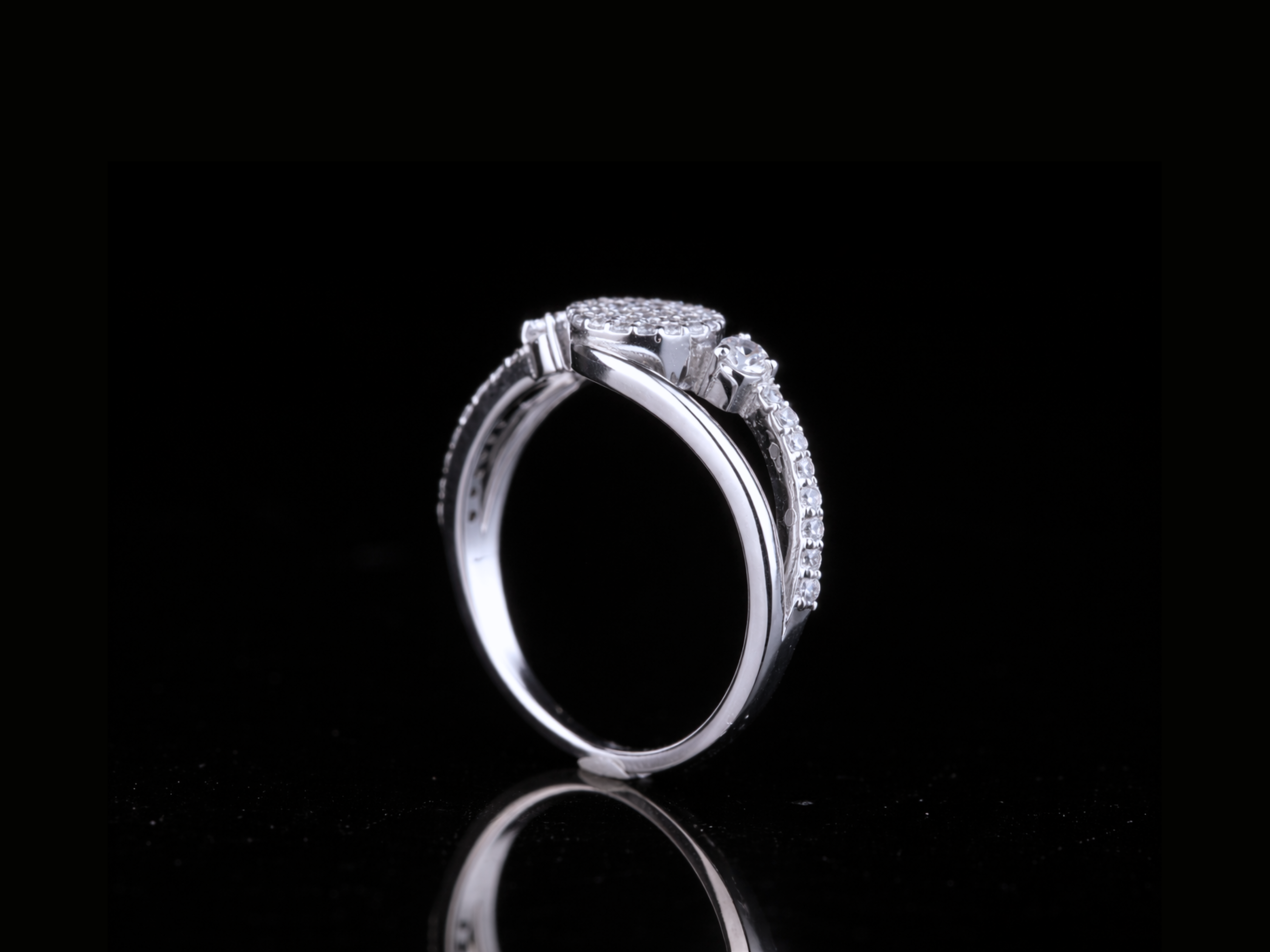 Round Pavé Diamond Ring with Side Stones | 18KT, 14KT, 10KT Gold & Silver