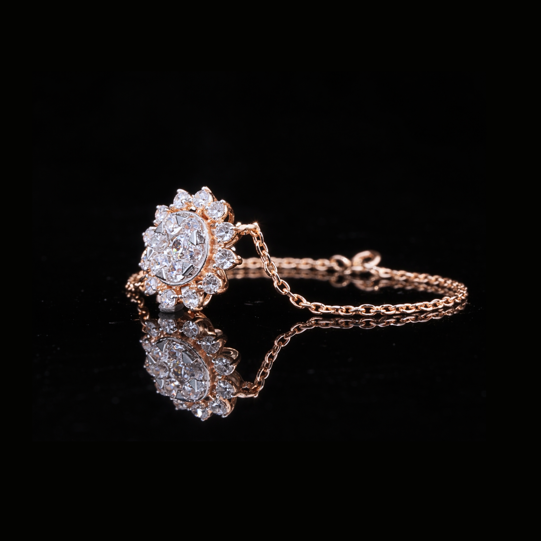 14K Rose Gold Diamond Bracelet – Halo Cluster Gold Bracelet for Women