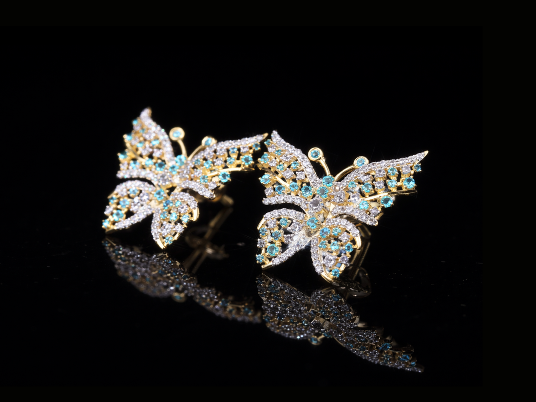 Luxury Diamond Butterfly Earrings with Blue Gemstones | 18K, 14K, 10K Gold & Silver