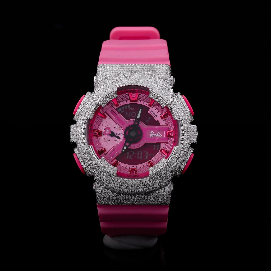 pink diamond watch with iced out bezel