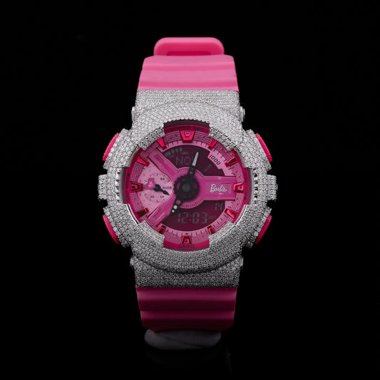pink diamond watch with iced out bezel