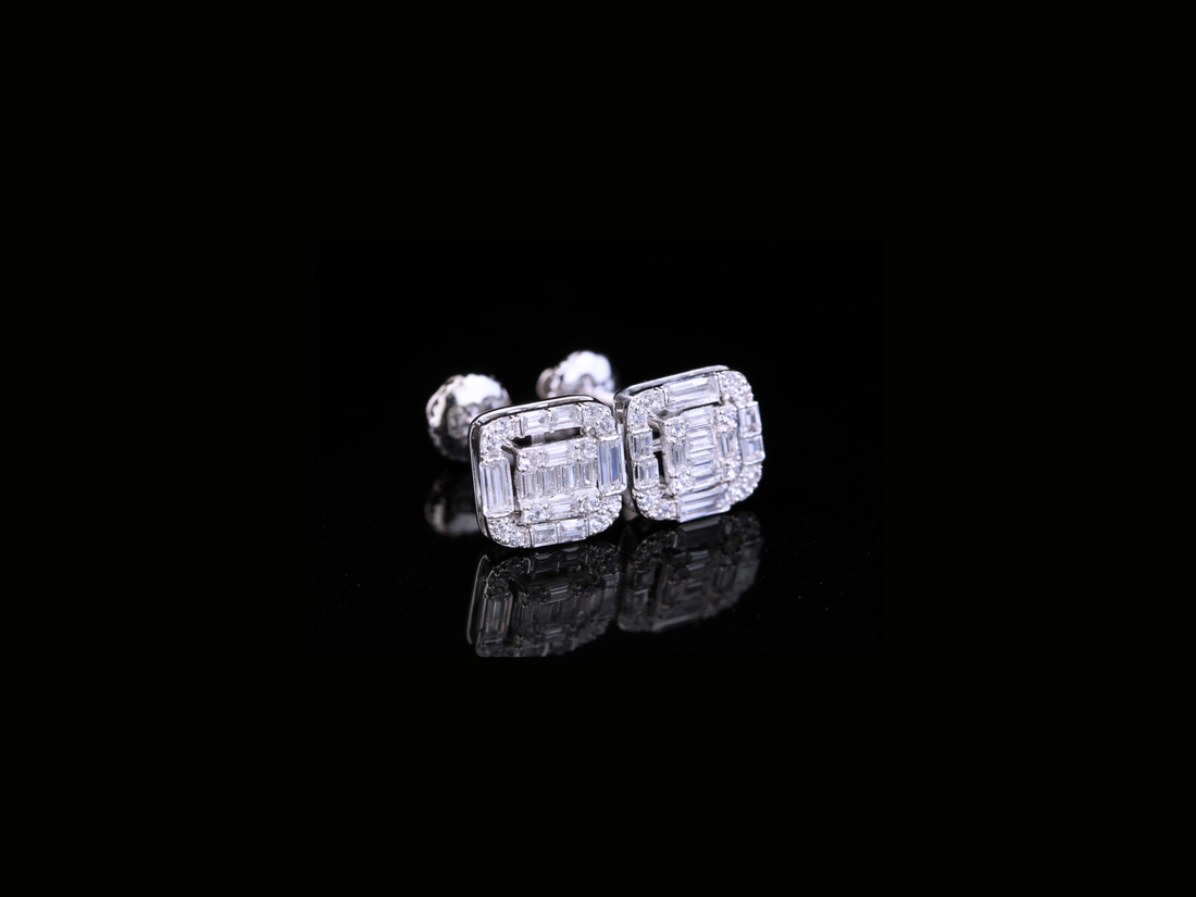 Square Baguette Diamond Stud Earrings | Luxury Gold & Silver Diamond Studs