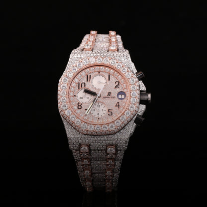 iced out diamond chronograph watch rose gold silver