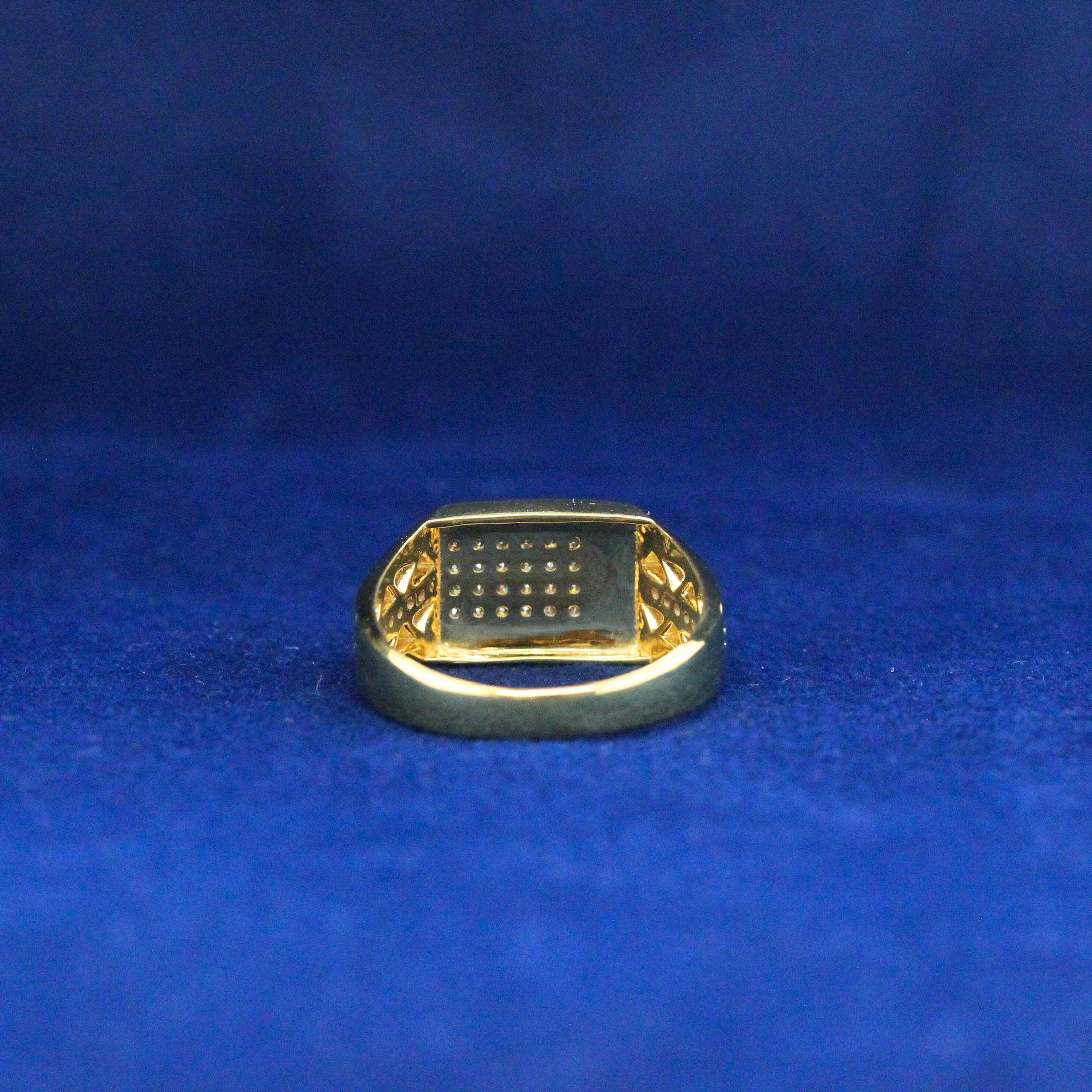 Back view of silver baguette ring showcasing craftsmanship and moissanite diamond arrangement, premium fine jewelry.

