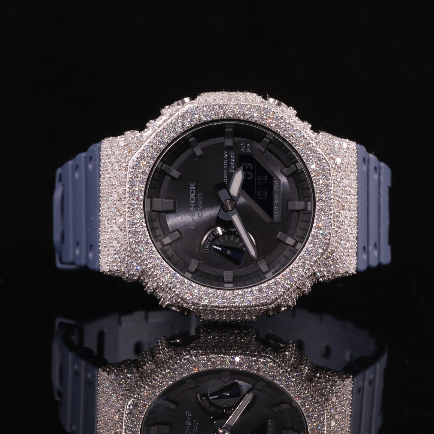 Black Dial Iced Out G-Shock Watch with Blue Strap