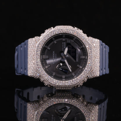 Black Dial Iced Out G-Shock Watch with Blue Strap