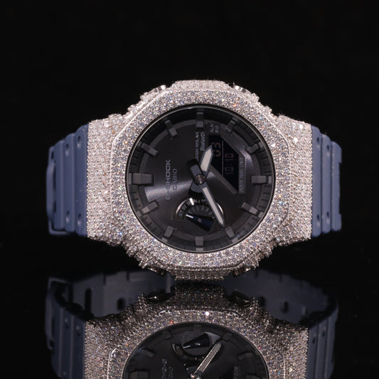 Black Dial Iced Out G-Shock Watch with Blue Strap
