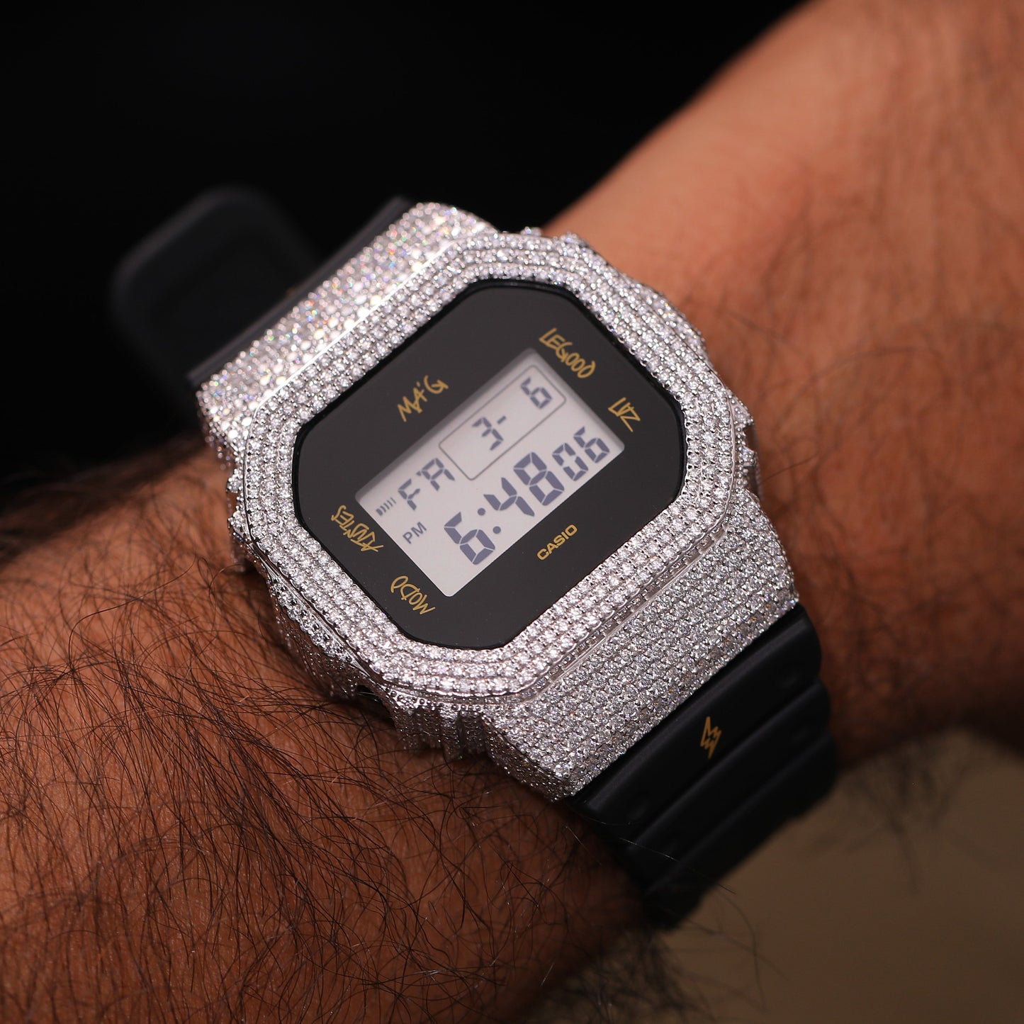 Black Strap Iced Out G-Shock Watch with VVS Moissanite Diamonds