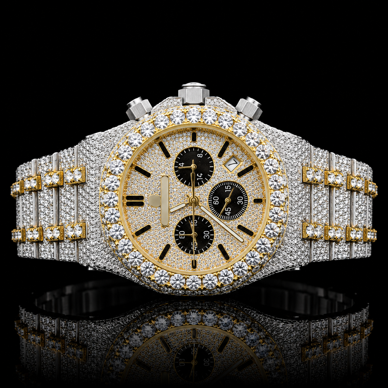 MOISSANITE AP INSPIRE BLACK DIAL ICED CHRONOGRAPH WATCH