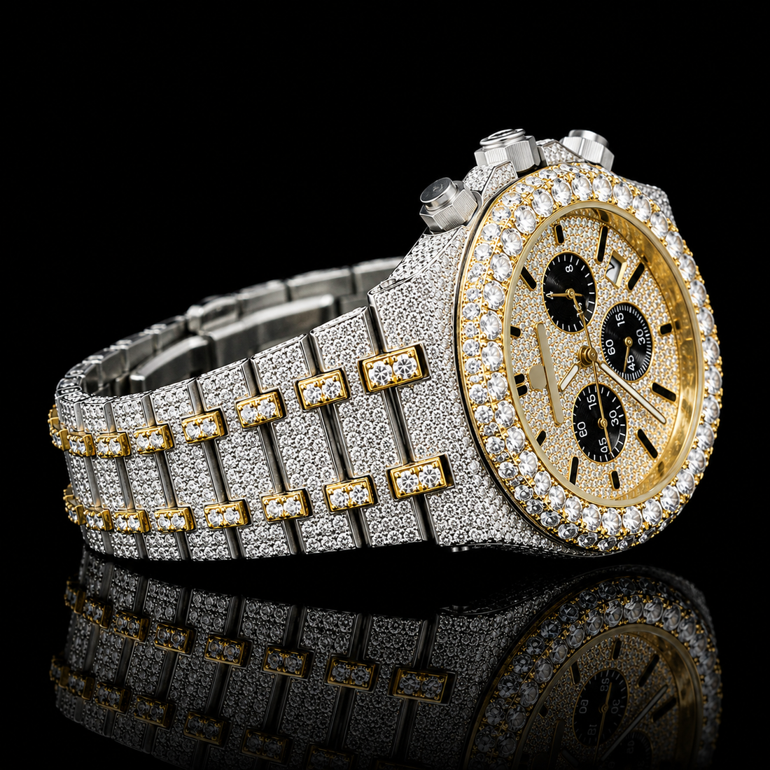 MOISSANITE AP INSPIRE BLACK DIAL ICED CHRONOGRAPH WATCH