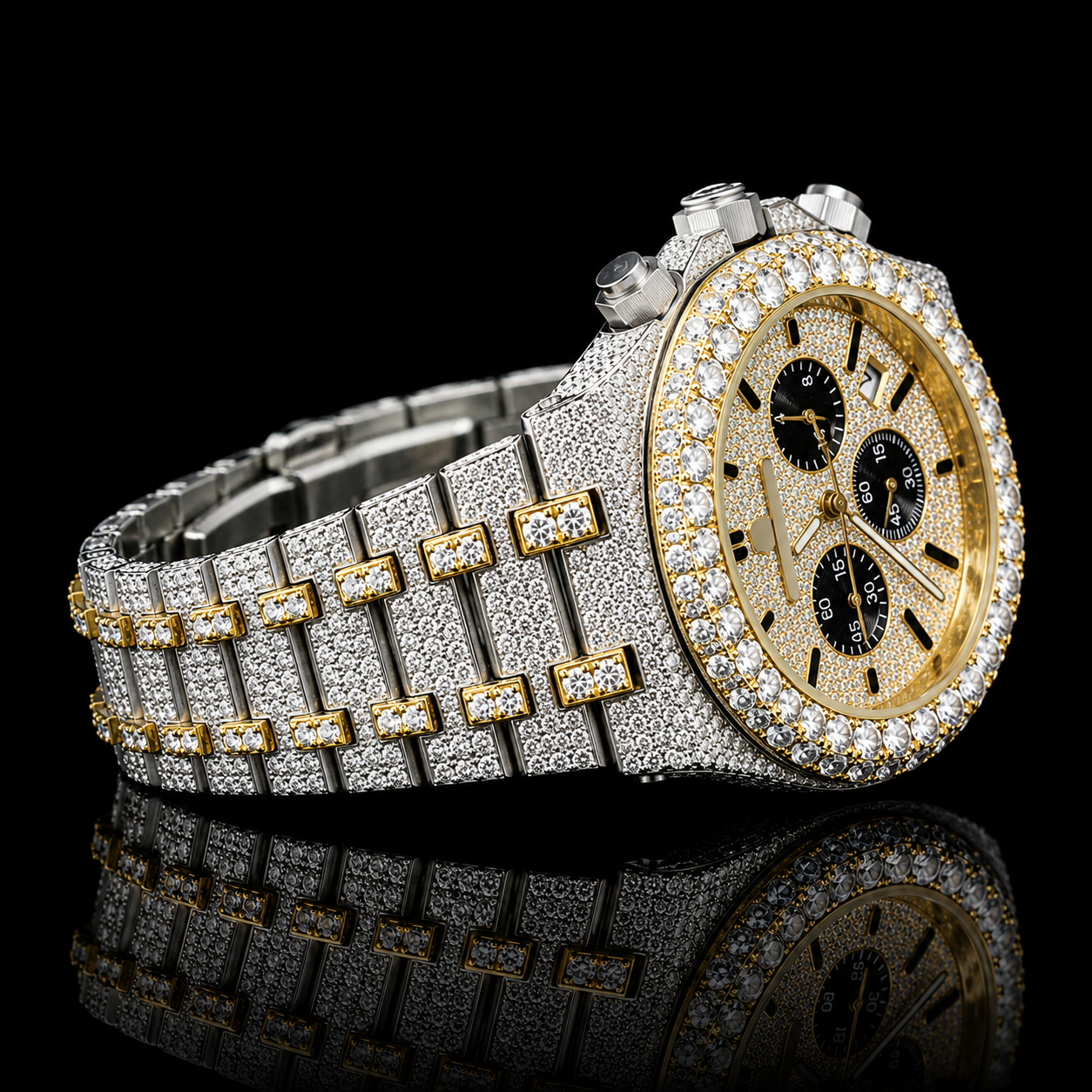 MOISSANITE AP INSPIRE BLACK DIAL ICED CHRONOGRAPH WATCH
