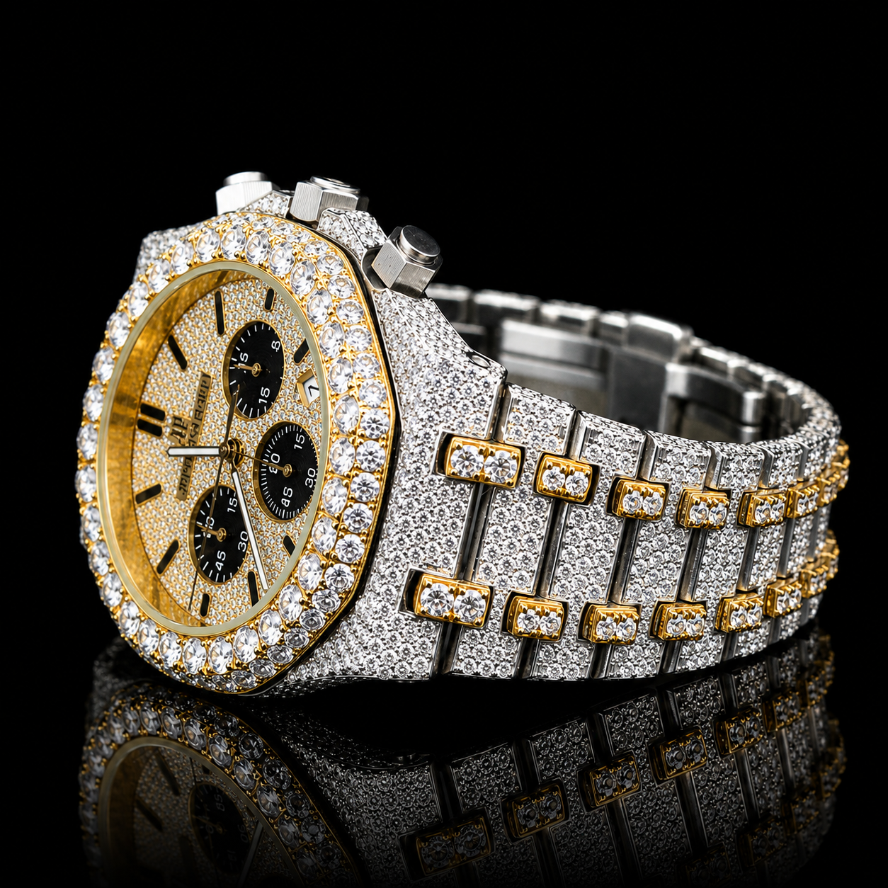 MOISSANITE AP INSPIRE BLACK DIAL ICED CHRONOGRAPH WATCH