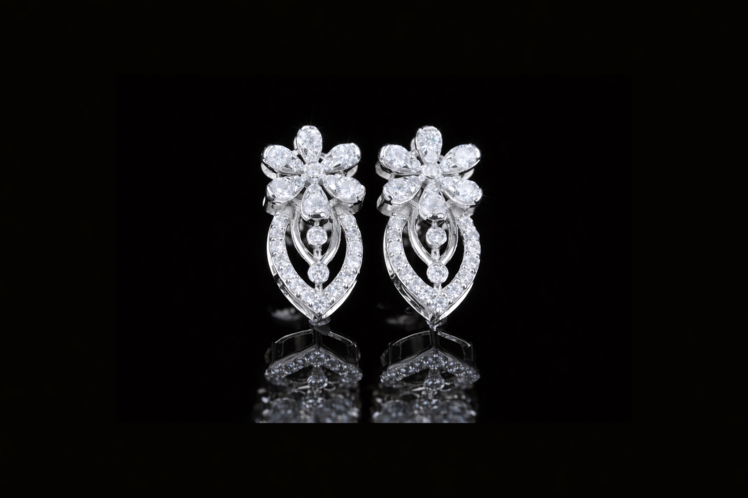 Luxury Diamond Floral Drop Earrings | 18K, 14K, 10K Gold & Silver