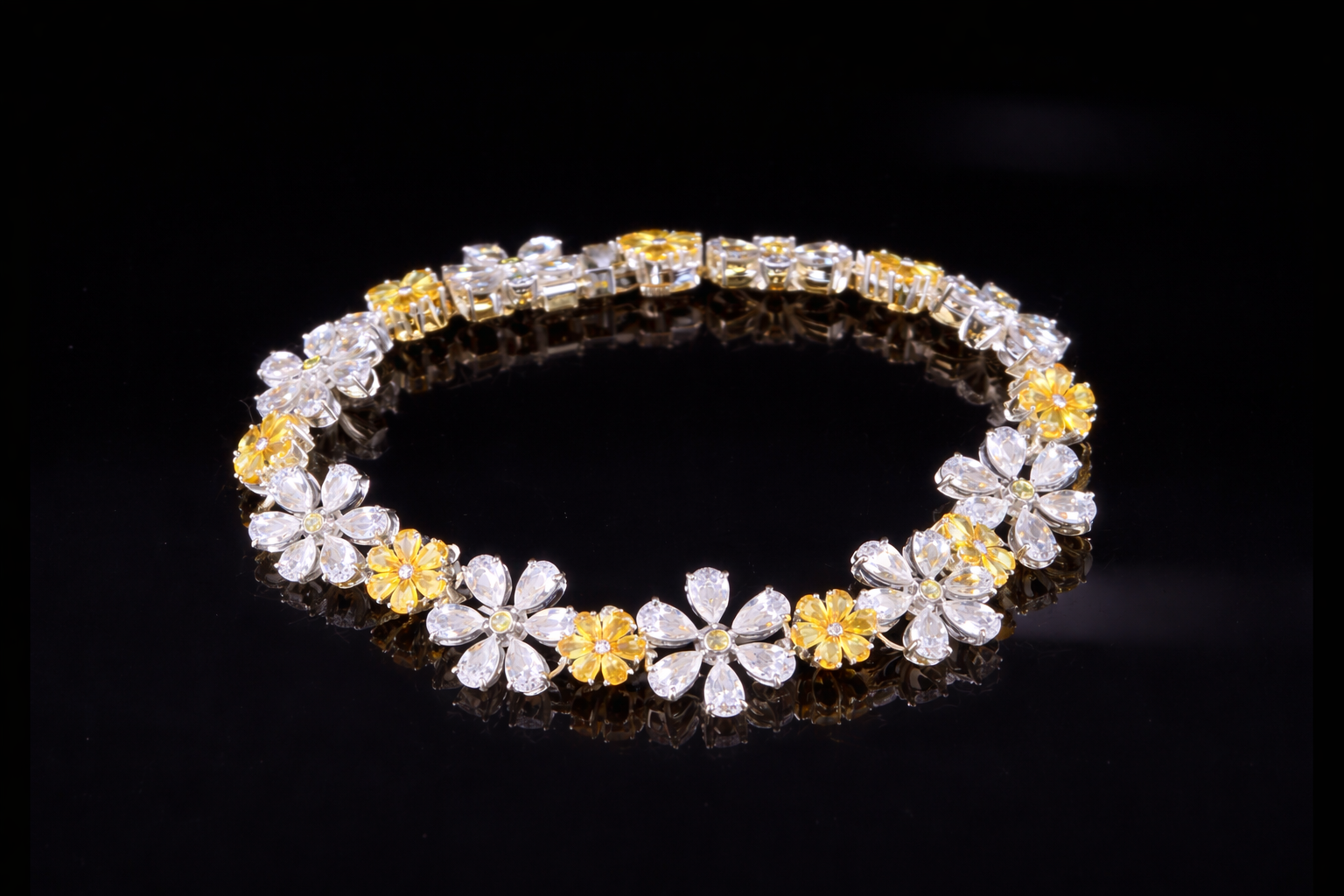Floral Diamond Tennis Bracelet | White & Yellow Diamond Bracelet in Gold & Silver